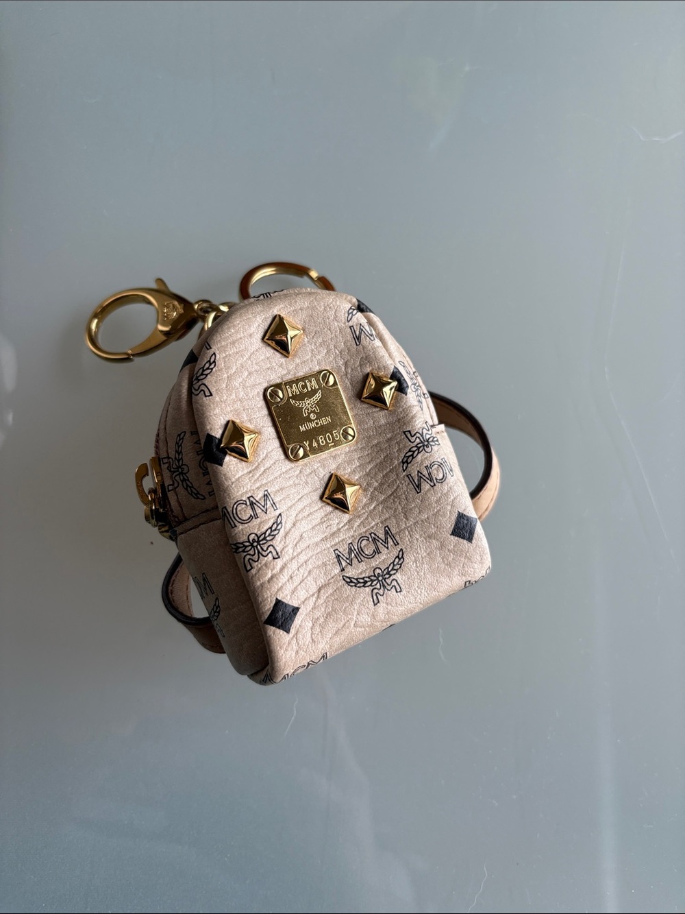 Authentic MCM Monogram Studded Mini Backpack Key Charm